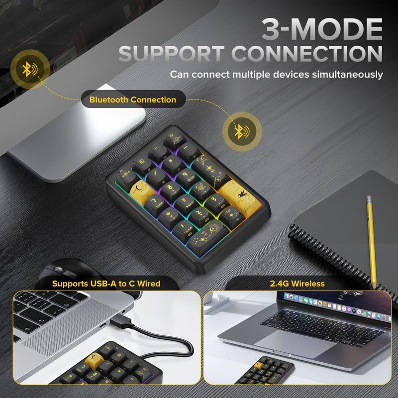 FOPATO NumberPad,21Keys HotSwappable Numpad,Bluetooth5.0/2.4G/Type-C Wireless Numeric Keypad,Rechargeable Number keypad,RGB Gasket Structure Mechanical Keyboard with PBT Keycap for PC Laptop Notebook (Black) - Image 5